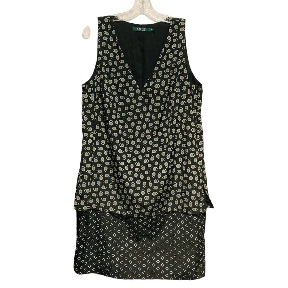 Lauren Ralph Lauren Shift Dress Tiered Mixed Print Sleeveless V-Neck Preppy 12